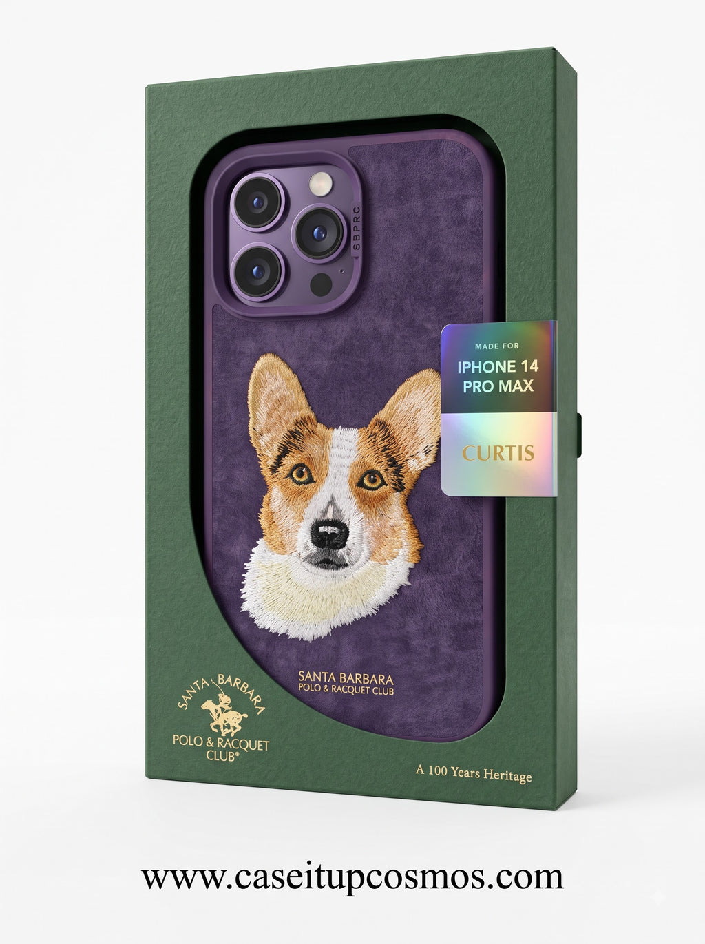 A Luxury Velvet Purple Corgi Dog Embroidery Case for iPhone | Suede Interior Bed