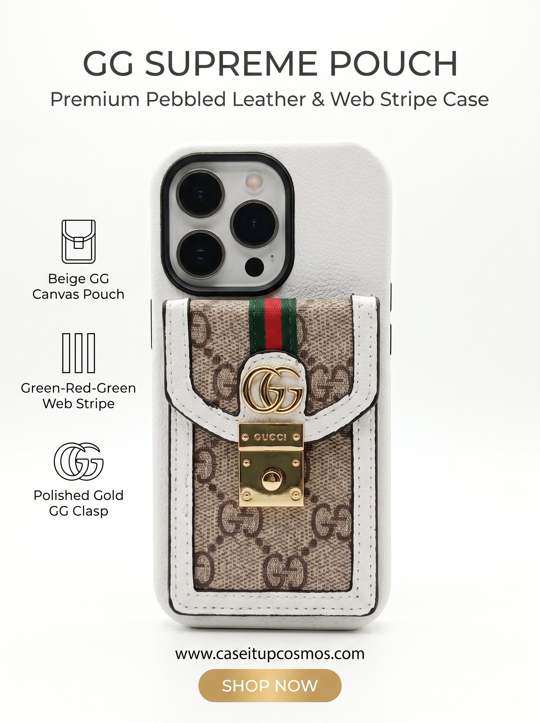 Cosmos™ Runway White Pebbled Leather Handbag iPhone Case | Gold Lock & Monogram Pouch