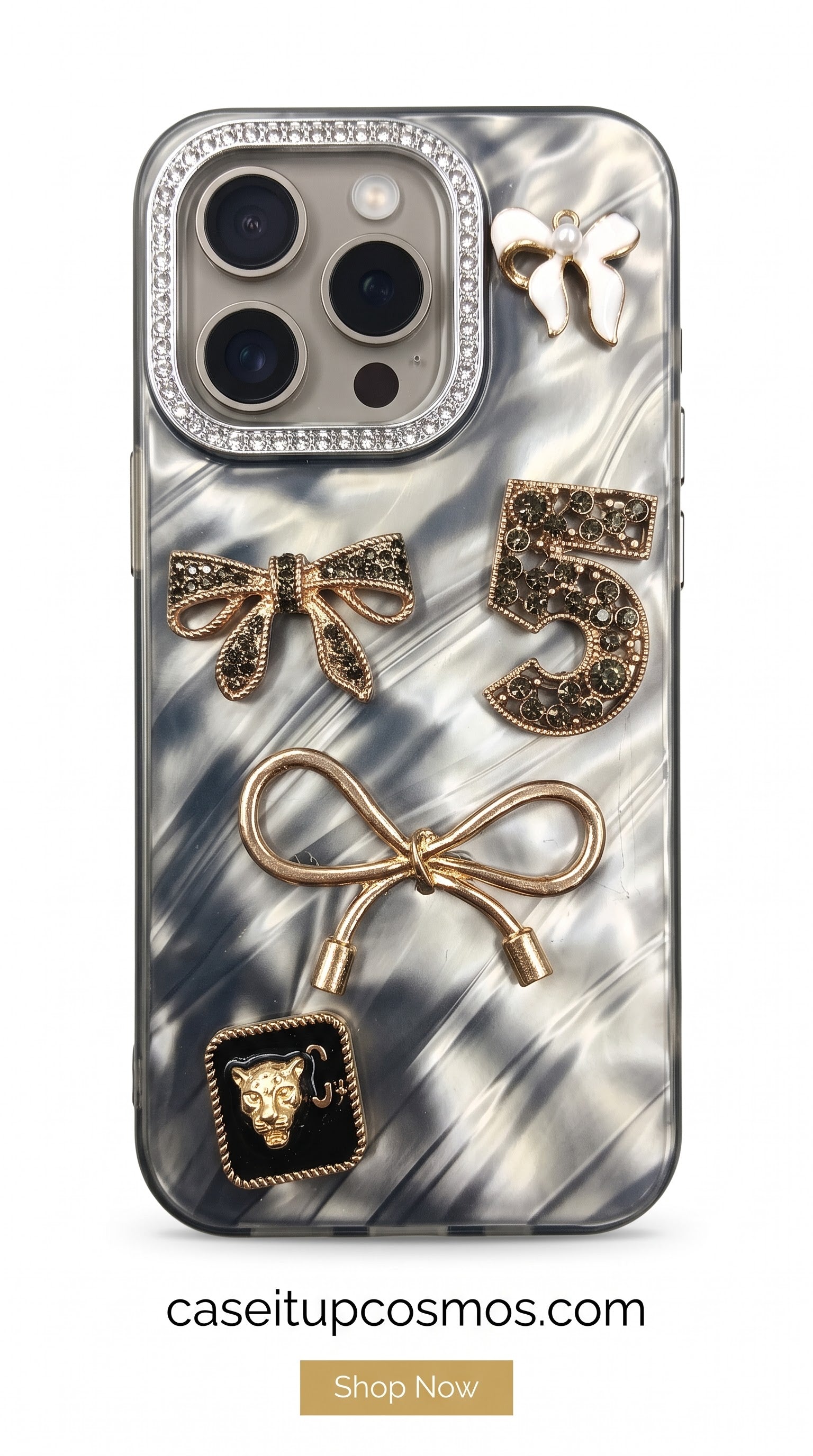 Luxury Charm Marble Case – Premium Crystal Bow Phone Cover