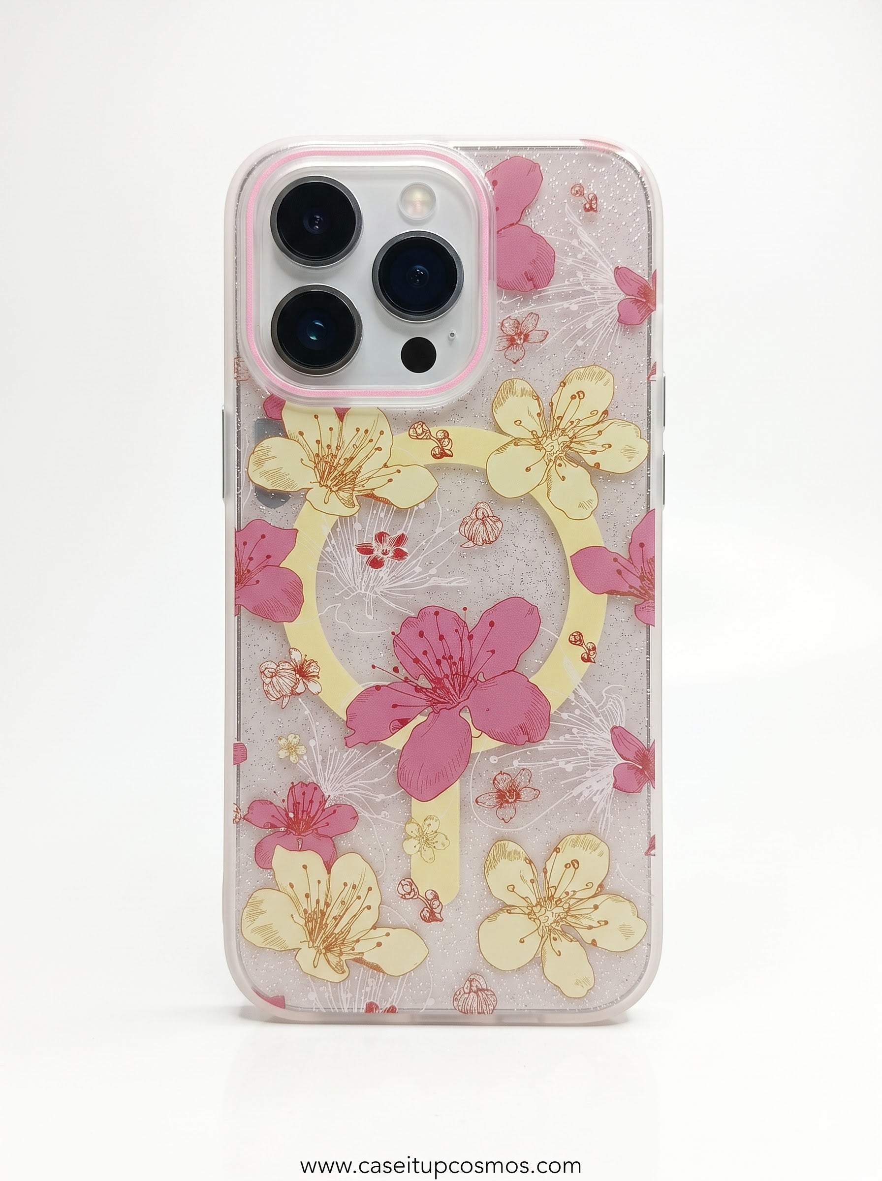 Dreamy Cherry Blossom Glitter MagSafe iPhone Cover | Pastel Pink Bumper