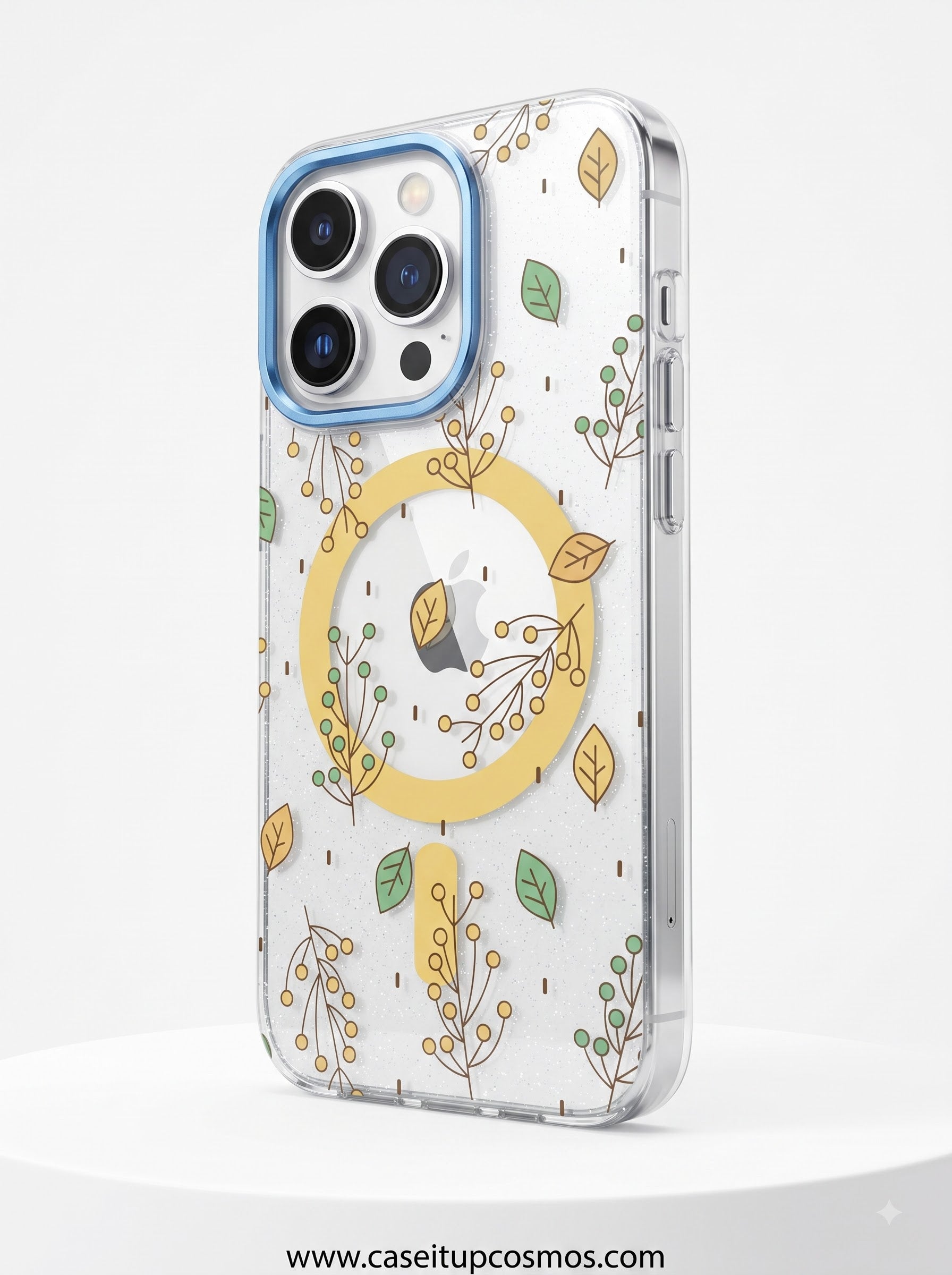 Shimmering Botanical Leaves MagSafe Case for iPhone | Metallic Blue Lens Frame