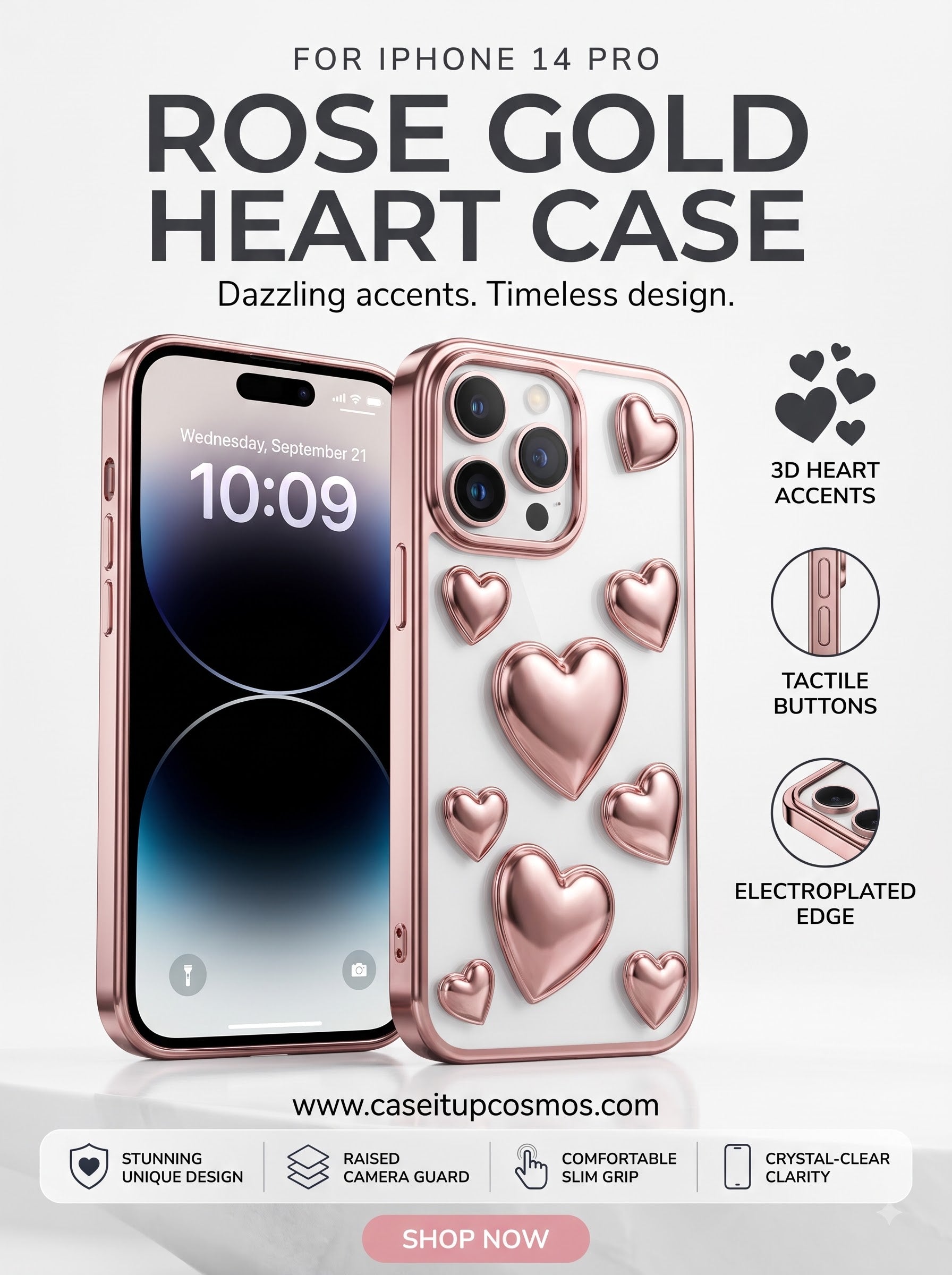 Rose Gold Chrome 3D Heart Case for iPhone | Electroplated Shockproof Bumper
