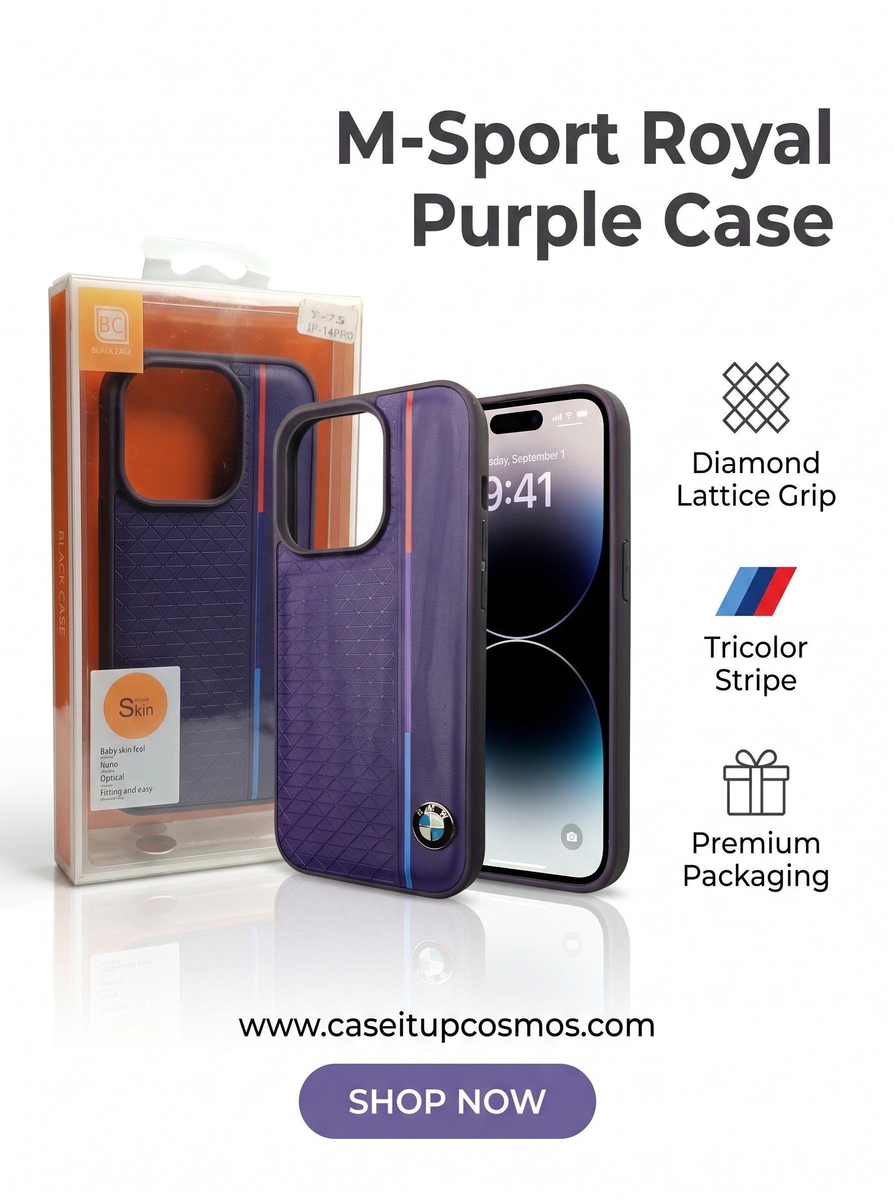 Motorsport Tricolor Stripe iPhone Cover with 3D Metallic Emblem | Indigo Purple
