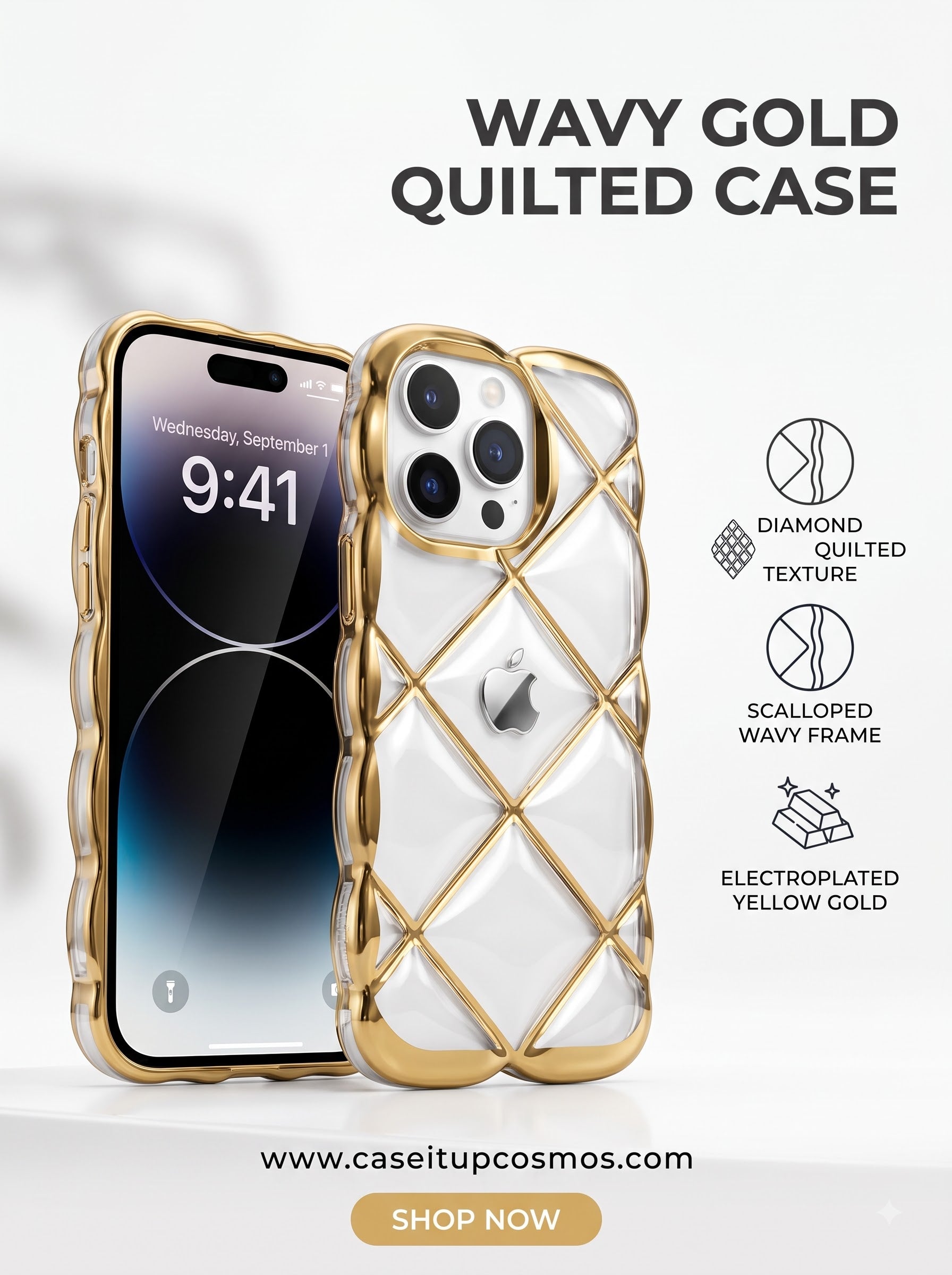 The Glamour Edition Gold Quilted Wavy Case for iPhone | Raised Lens Guard