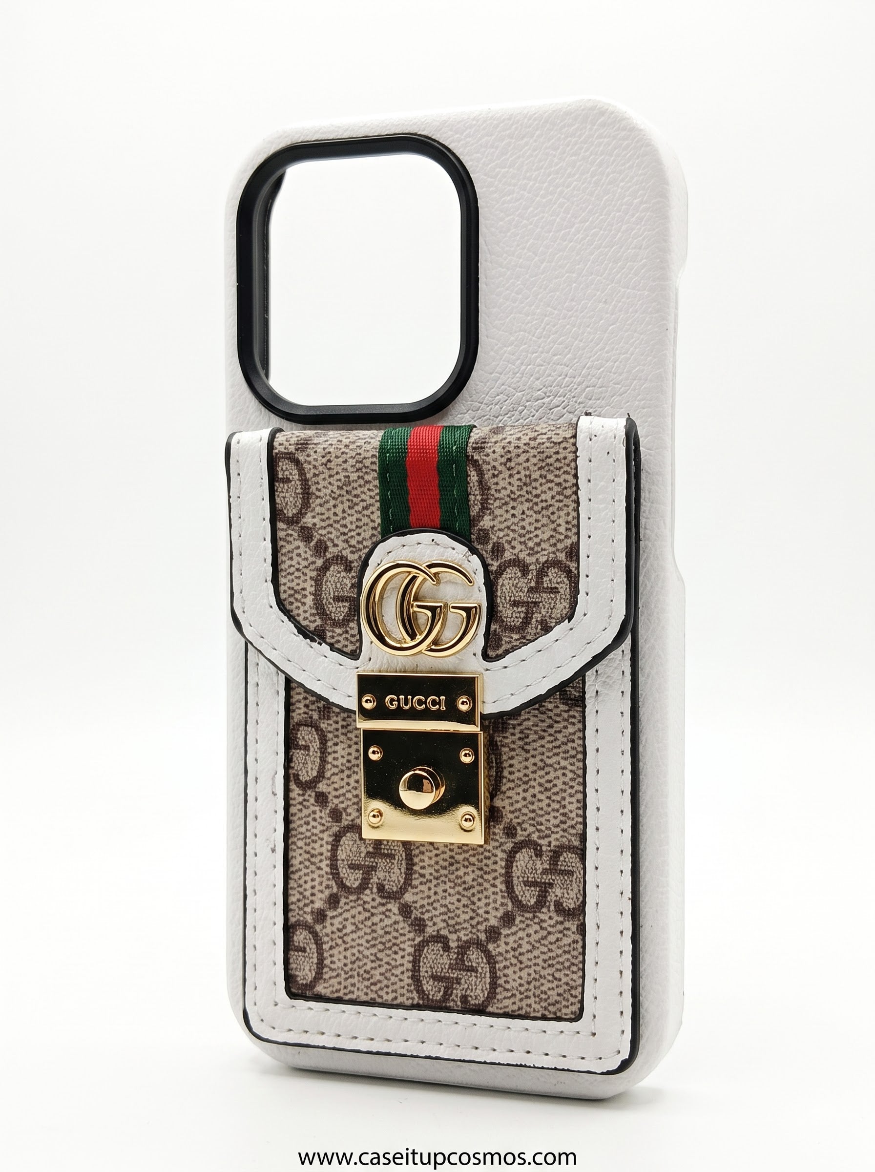 Cosmos™ Runway White Pebbled Leather Handbag iPhone Case | Gold Lock & Monogram Pouch