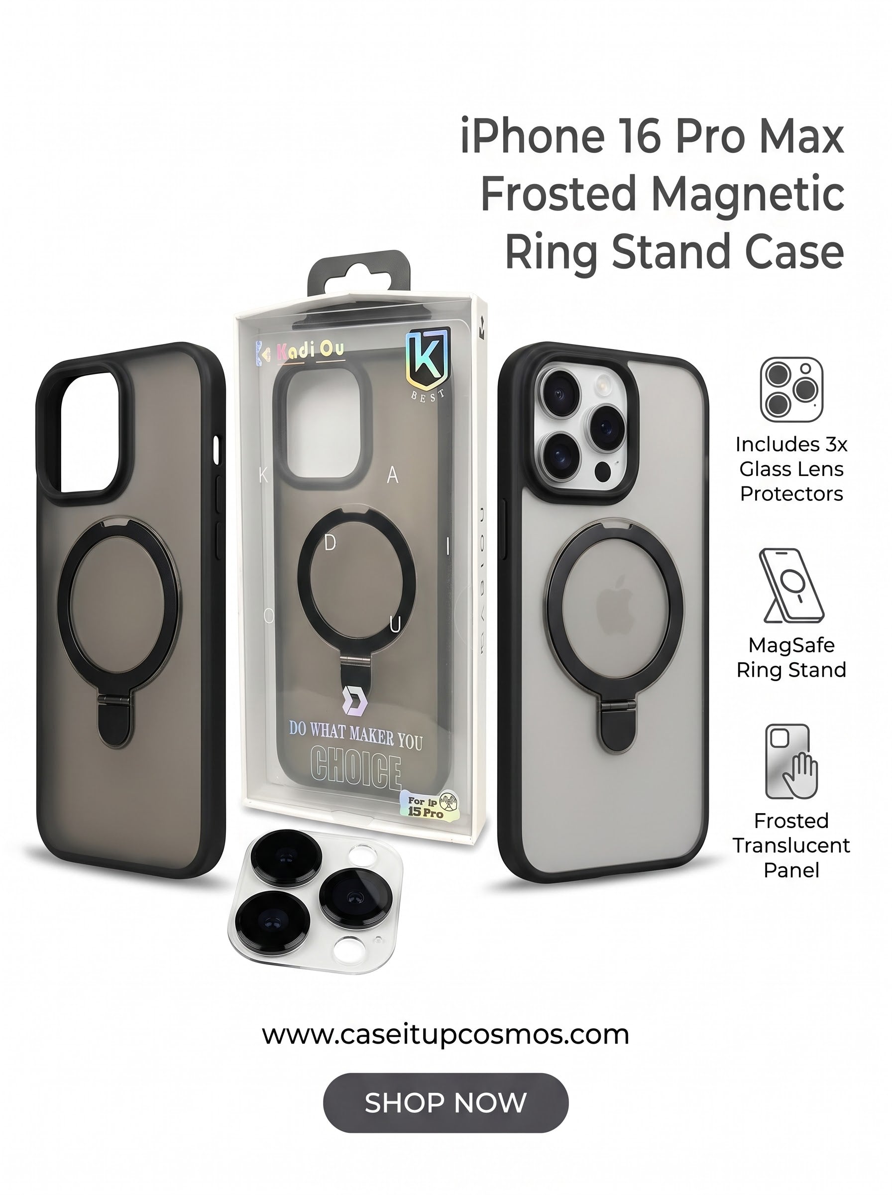 Cosmos™ Frosted Matte MagSafe Ring Stand iPhone Case | Includes 3x Lens Protectors
