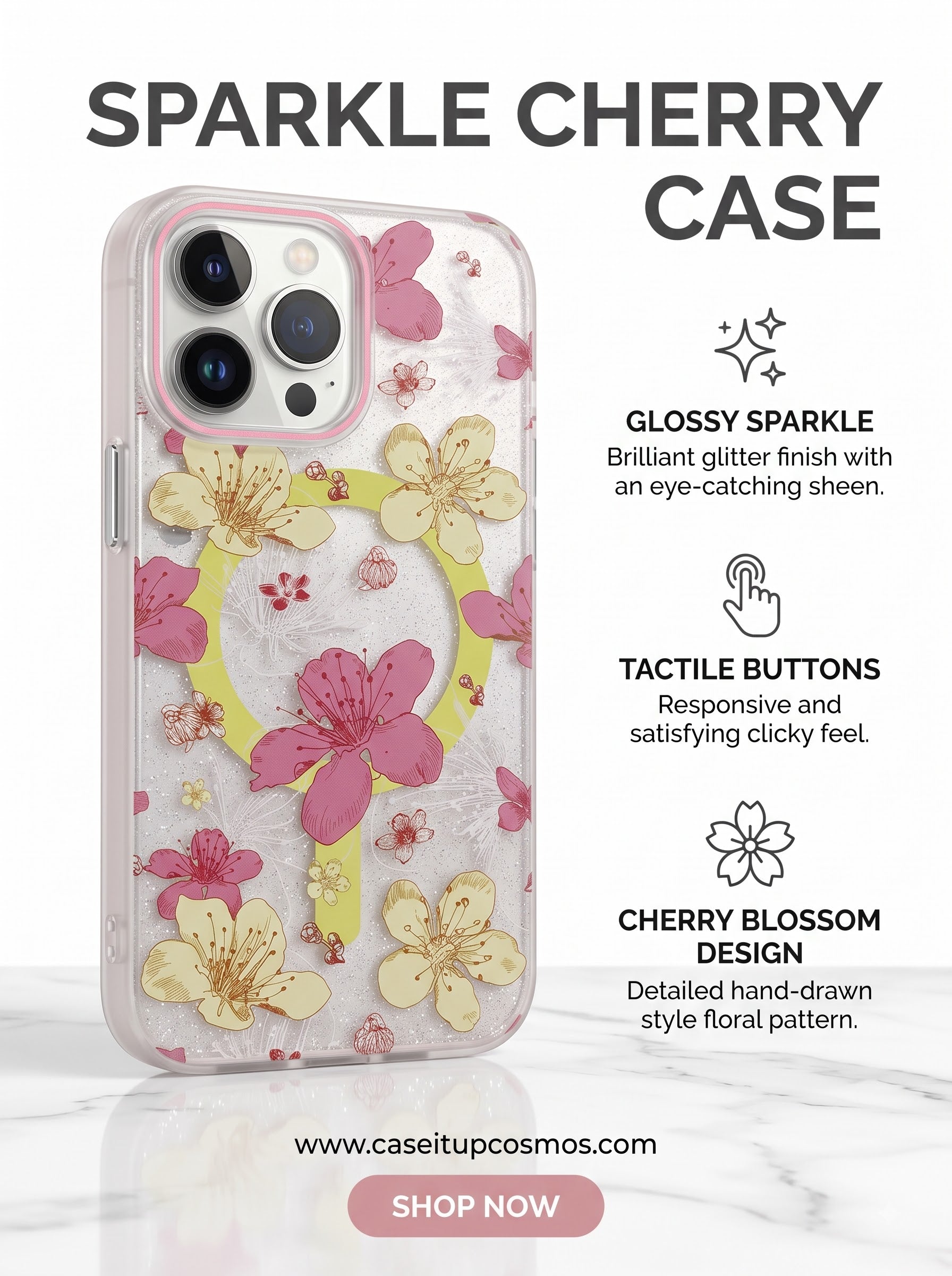 Dreamy Cherry Blossom Glitter MagSafe iPhone Cover | Pastel Pink Bumper