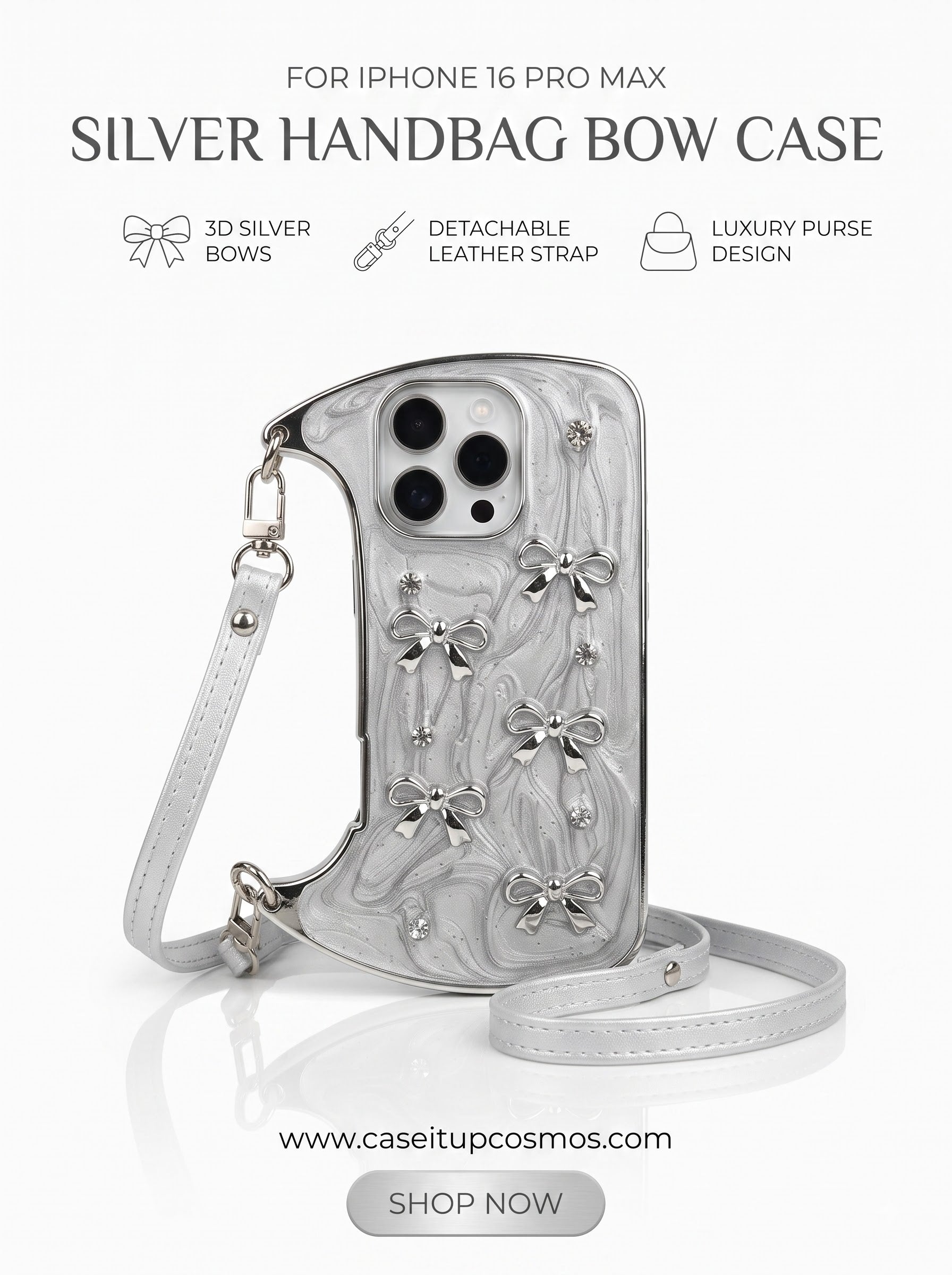 A Luxury Coquette Liquid Silver Purse Case for iPhone | Crystal Studded Edition