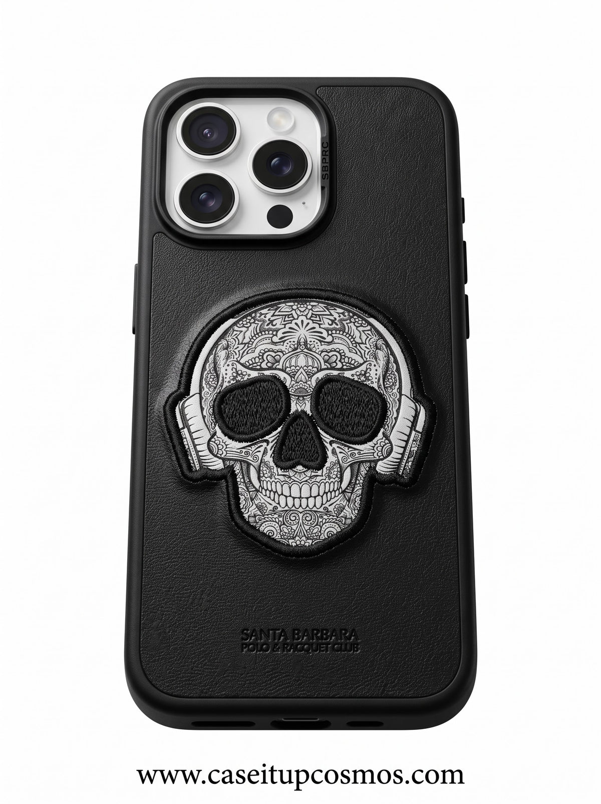 Luxury Black Leather Calavera Skull Case for iPhone | Fine Threadwork Art