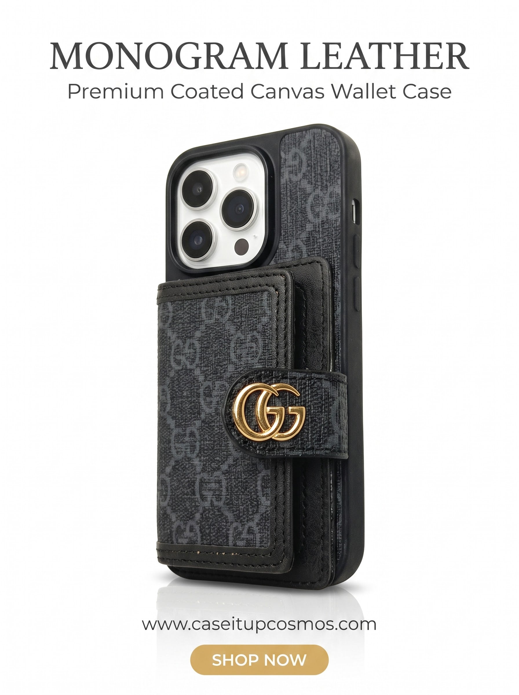 Luxury Charcoal Monogram Coated Canvas Case for iPhone | Built-In Card Wallet