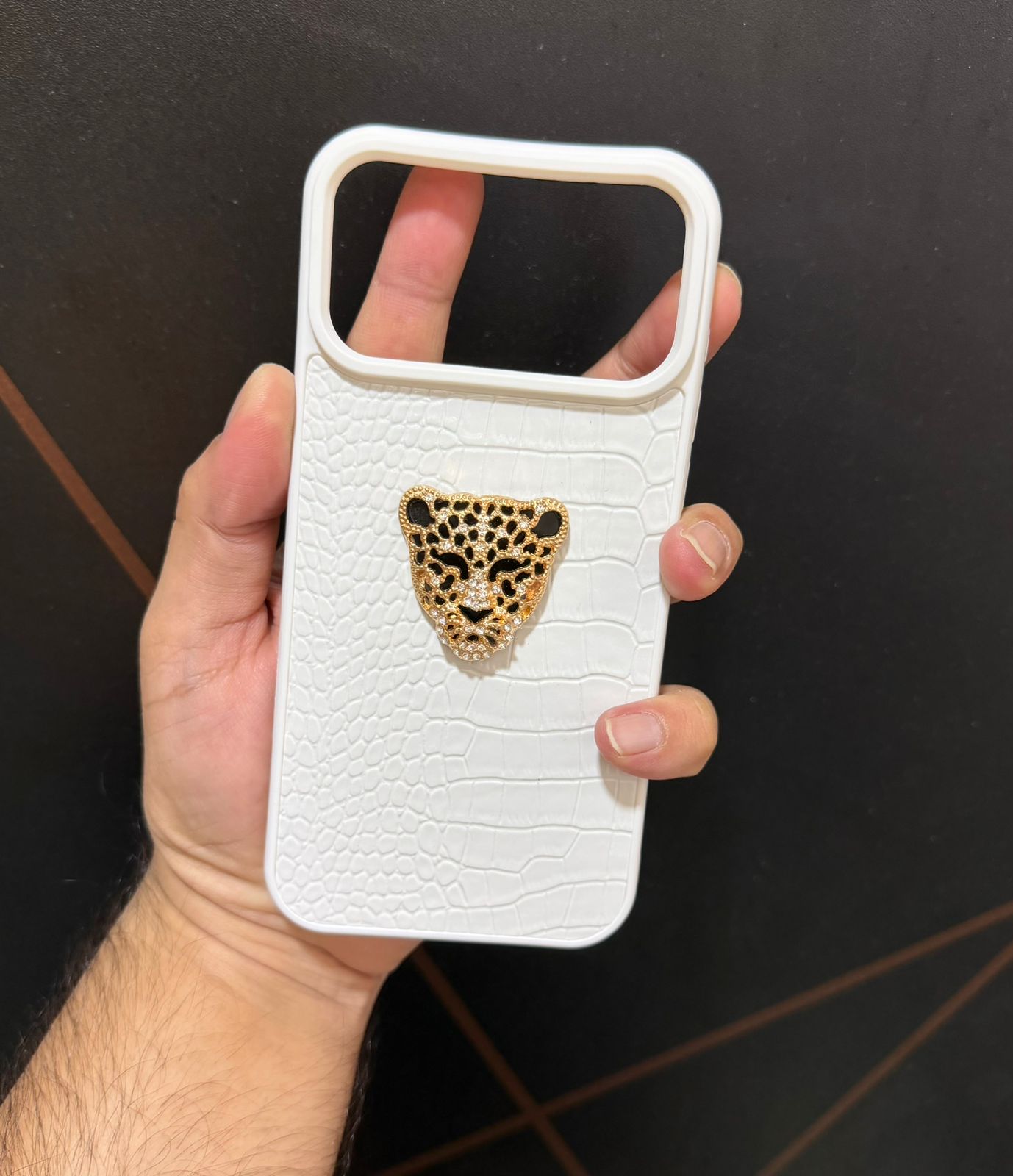 Luxury Croc Texture Case with Golden Leopard Emblem