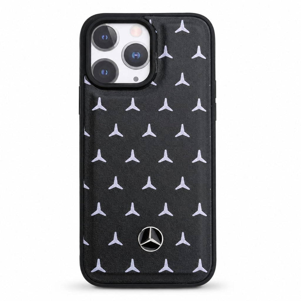 Premium Luxury Black Leather Texture Phone Case with Silver Star Pattern & Metal Logo | Shockproof Slim Protective Back Cover