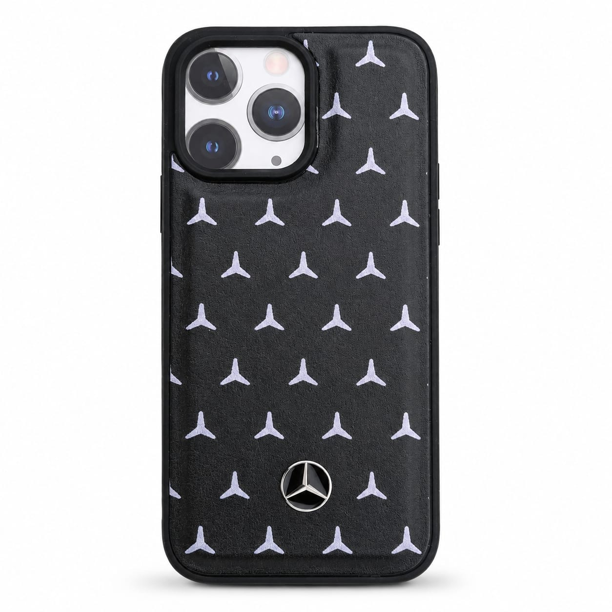 Premium Luxury Black Leather Texture Phone Case with Silver Star Pattern & Metal Logo | Shockproof Slim Protective Back Cover