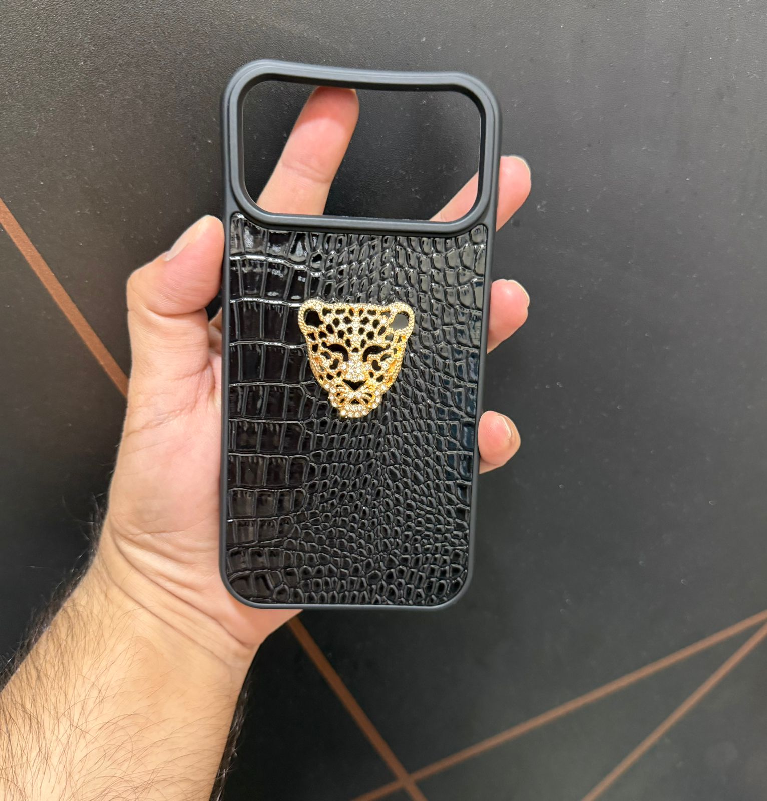 Luxury Croc Texture Case with Golden Leopard Emblem