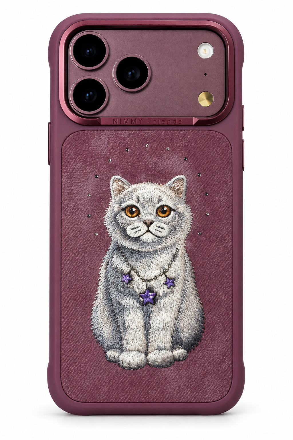 Burgundy mauve embroidered kitten phone case on a clean white background