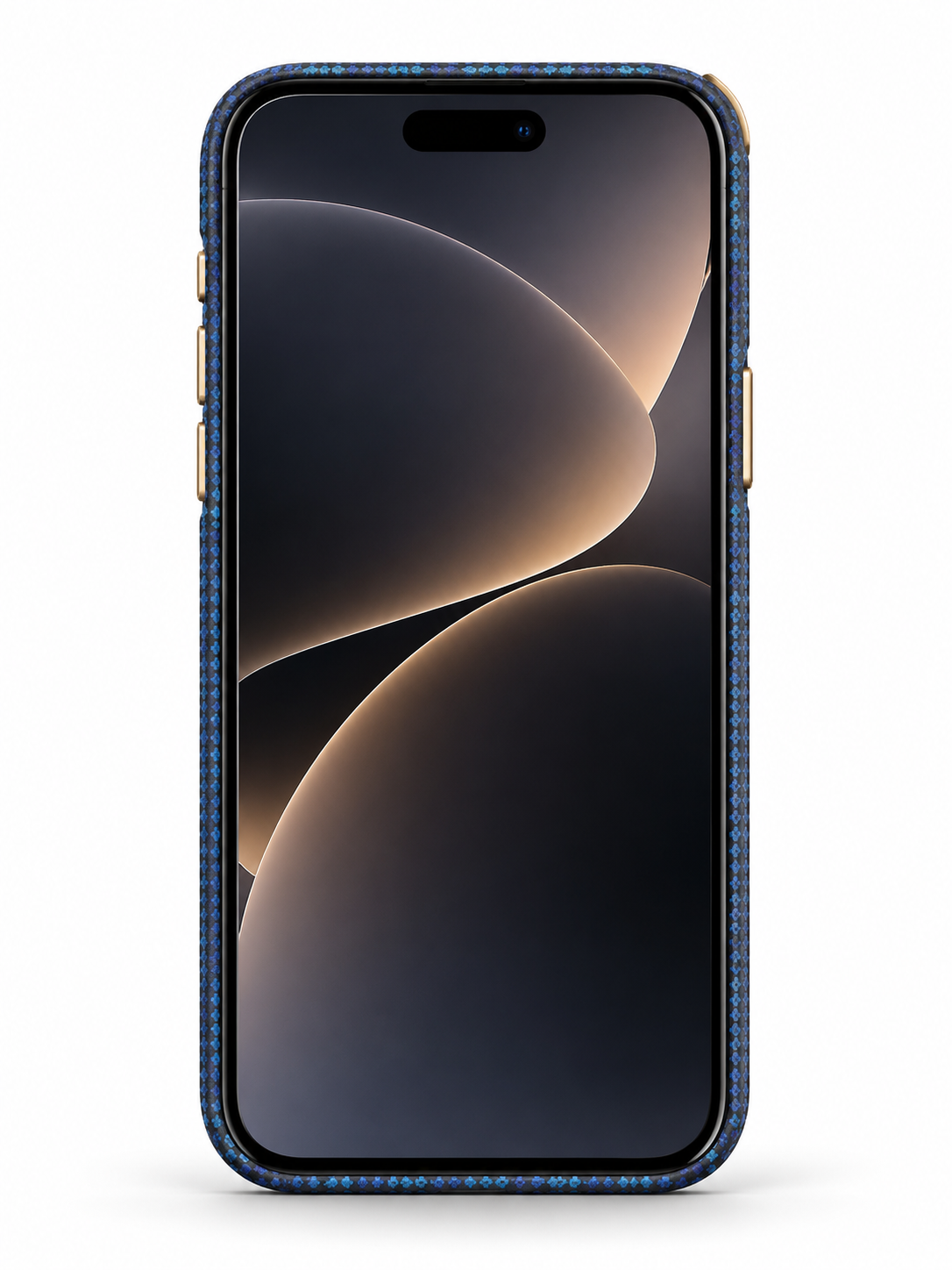 Front view of phone fitted in the blue and black case