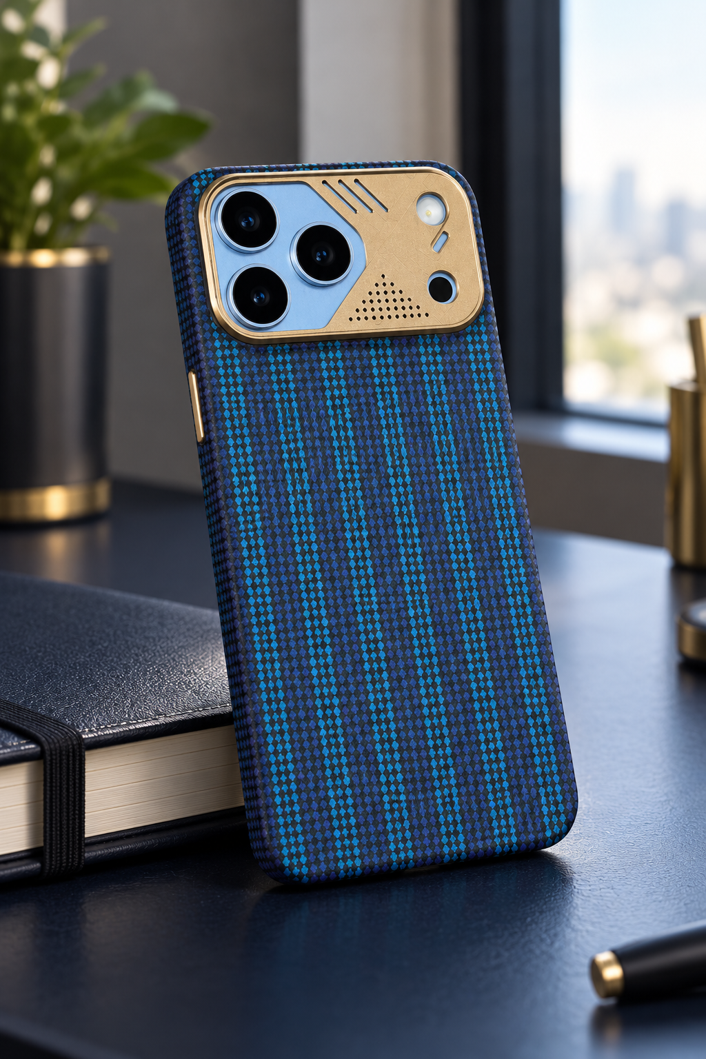 Lifestyle image of the blue and black geometric phone case
