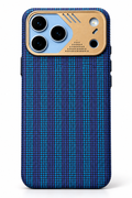 Blue and black geometric patterned phone case with gold-tone camera surround