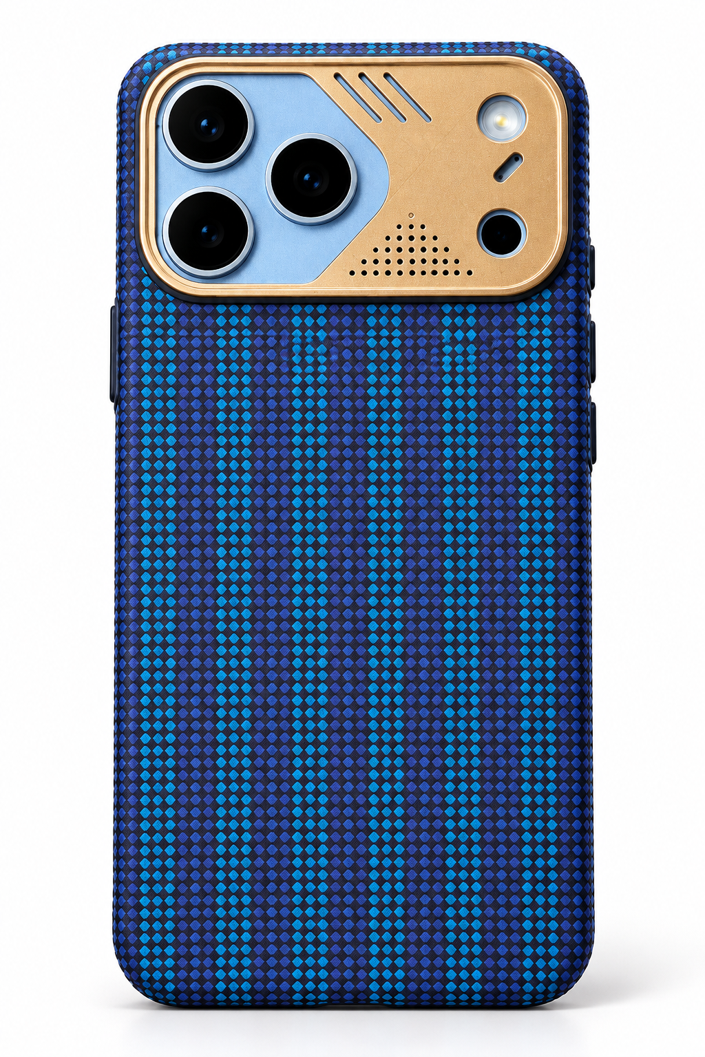 Blue and black geometric patterned phone case with gold-tone camera surround