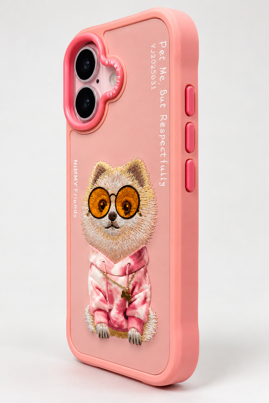 Angled product view of Nimmy Friends pink embroidered phone case
