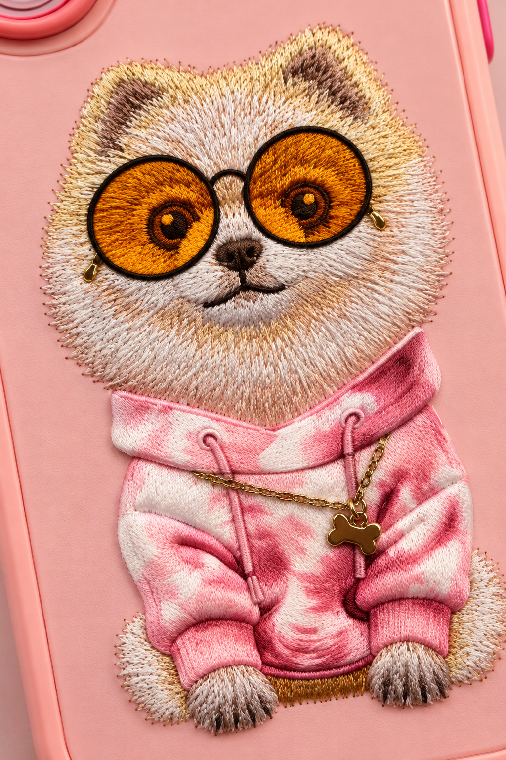 Close-up of embroidery and thread details on Nimmy Friends pink character phone case
