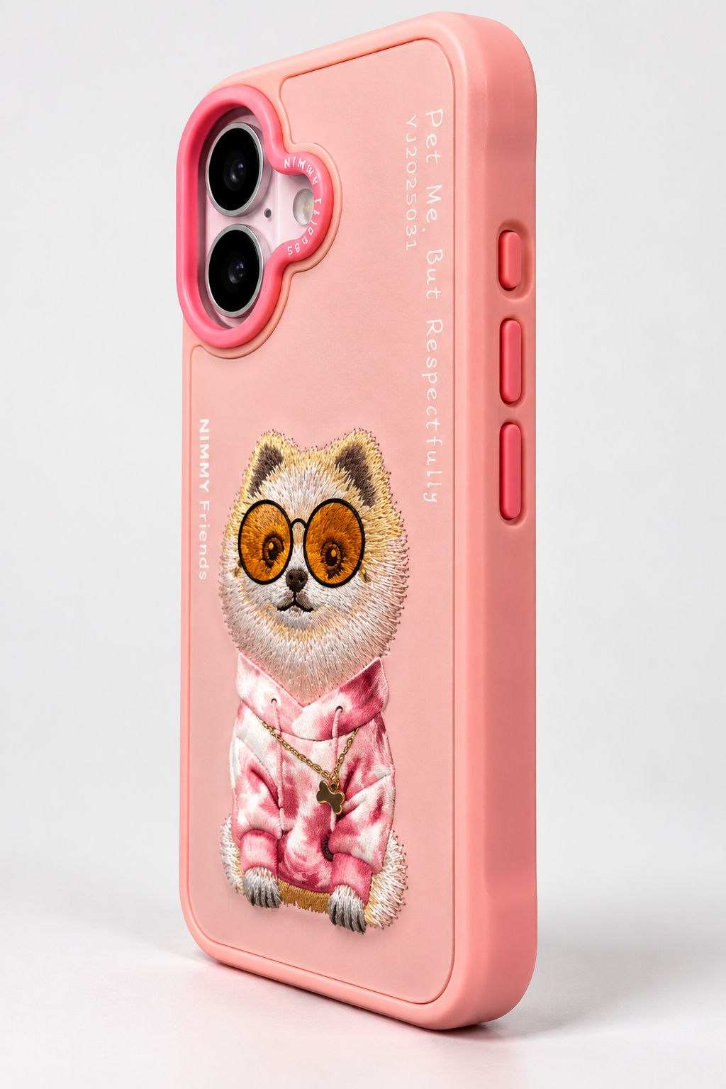 Side profile and button detailing of Nimmy Friends pink phone case