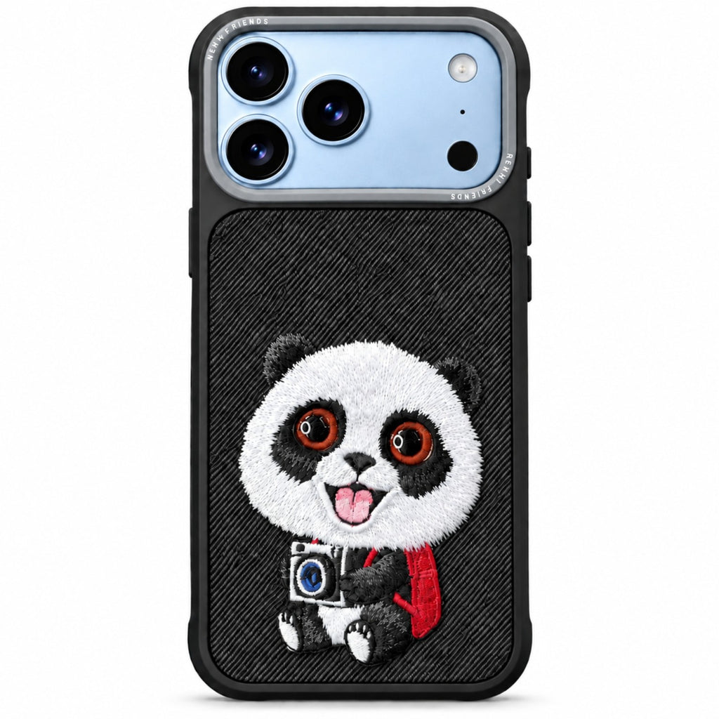 Panda embroidered phone case shown on iPhone 18 Pro Max Black