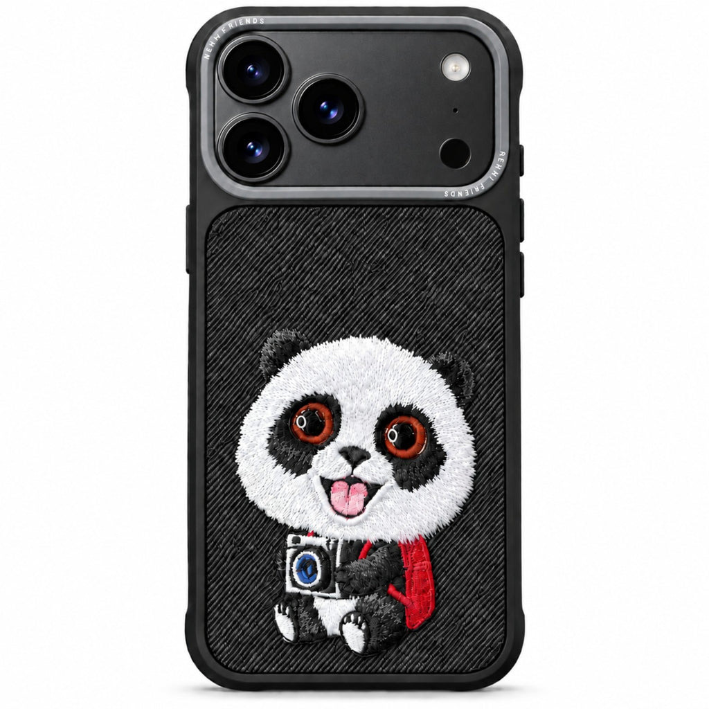 Panda embroidered phone case shown on iPhone 18 Pro Max Burgundy