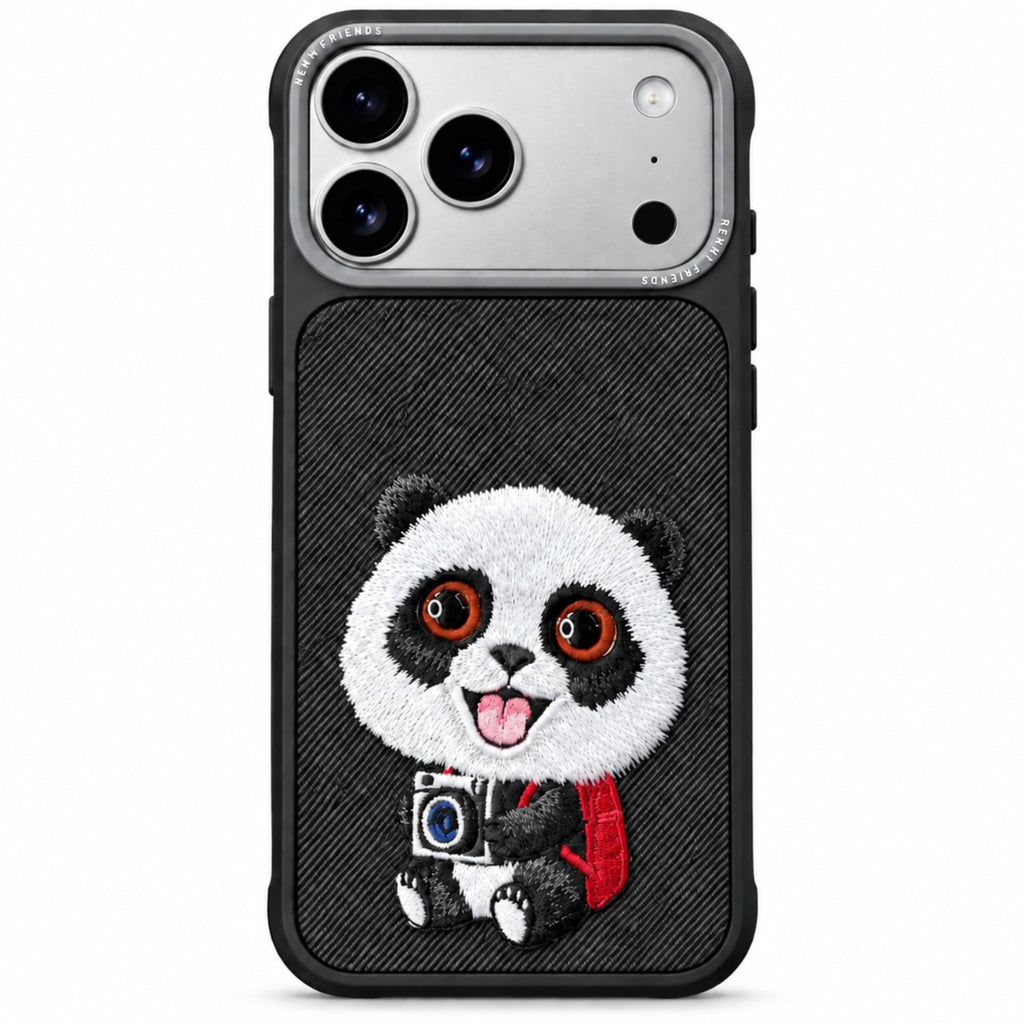 Panda embroidered phone case shown on iPhone 18 Pro Max Glacier Blue