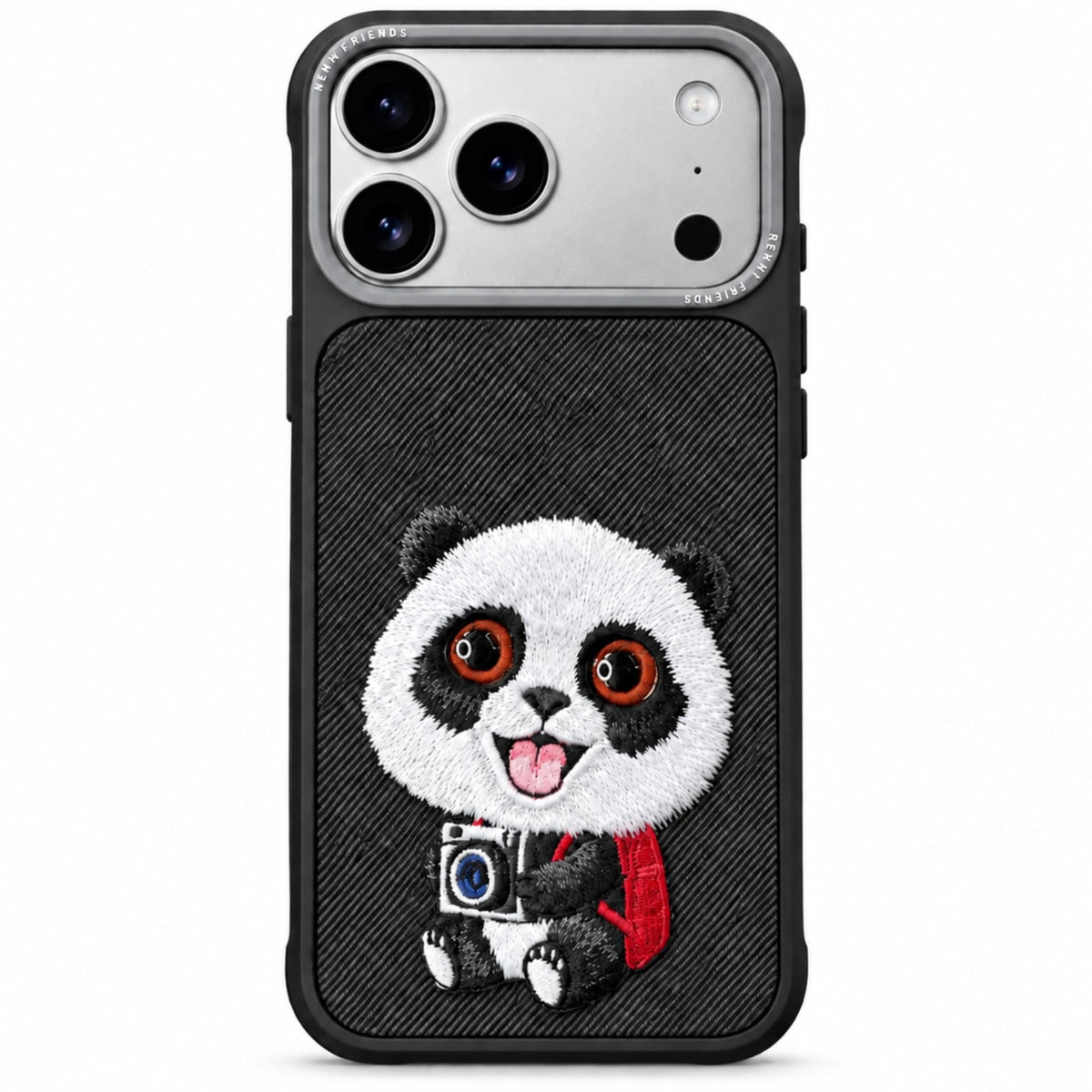 Panda embroidered phone case shown on iPhone 18 Pro Max Glacier Blue