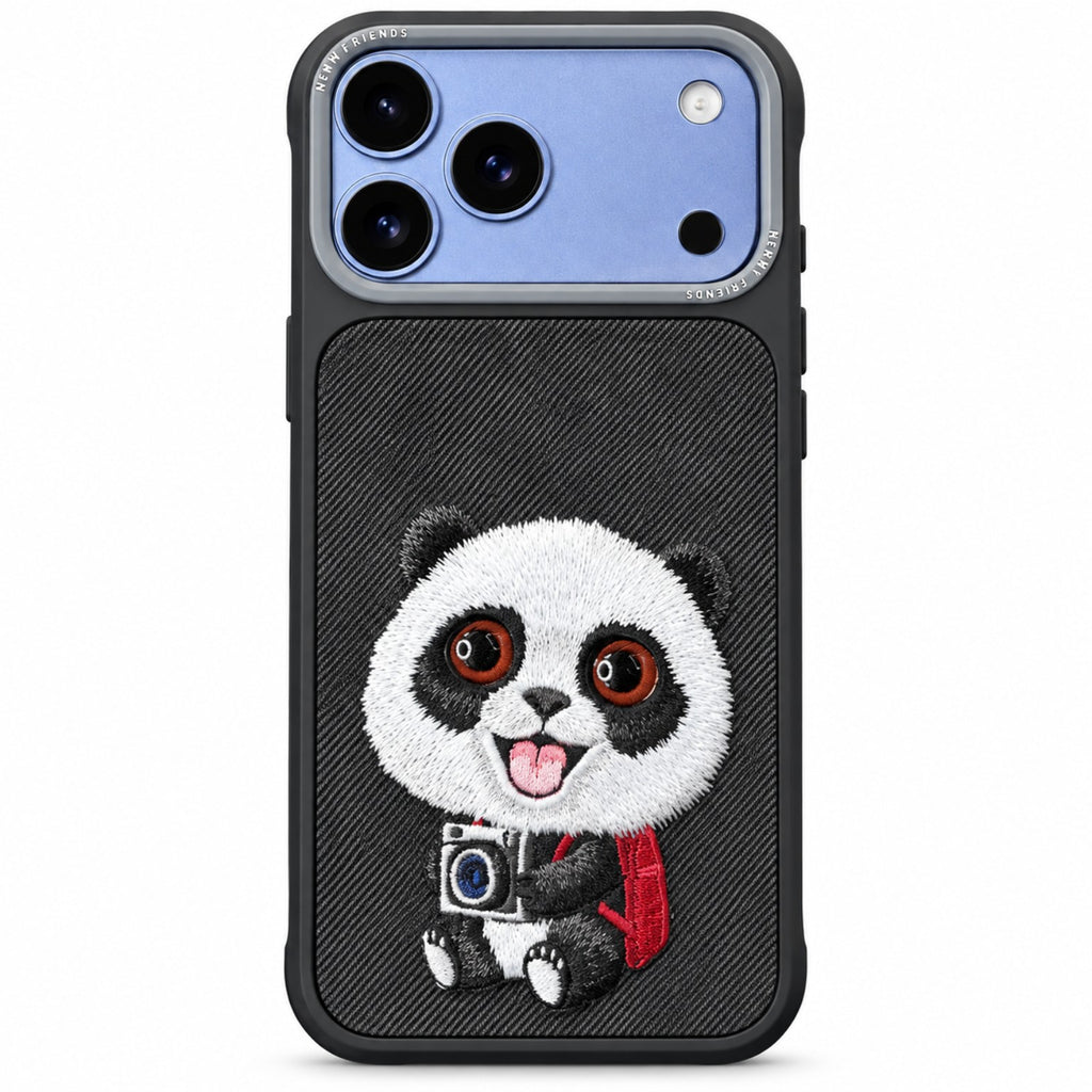 Panda embroidered phone case shown on iPhone 17 Pro Max Orange