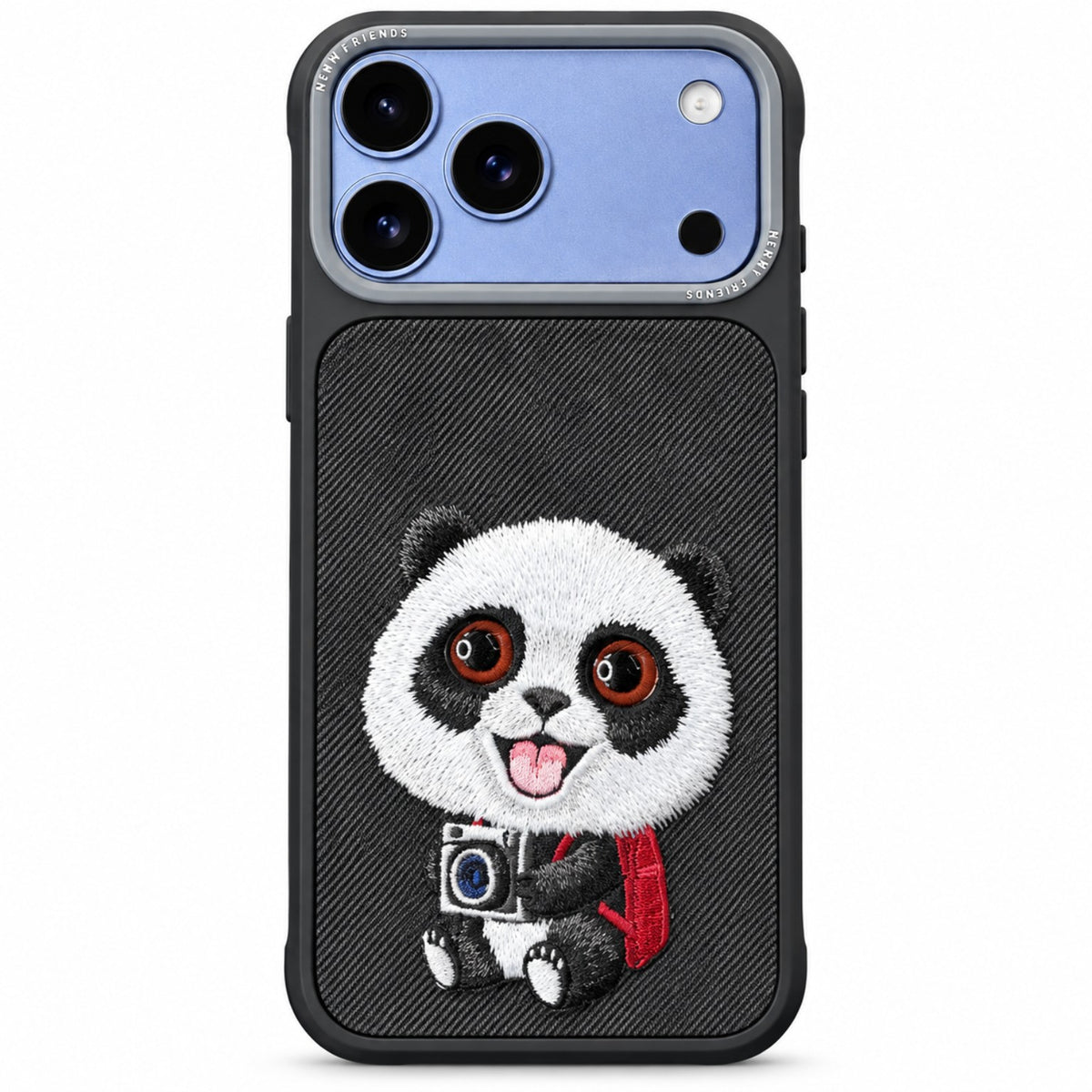 Panda embroidered phone case shown on iPhone 17 Pro Max Orange