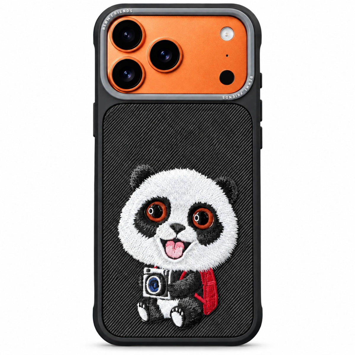 Panda embroidered phone case shown on iPhone 17 Pro Max Silver