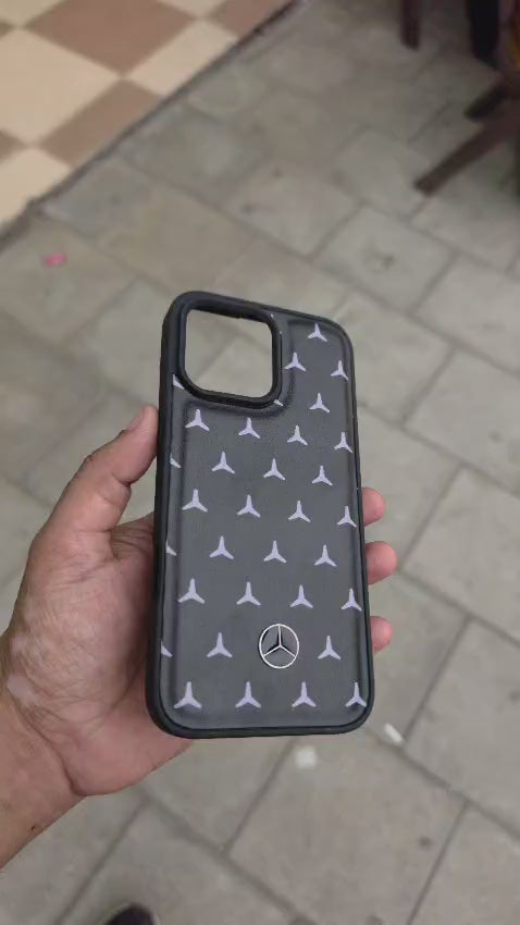 Premium Luxury Black Leather Texture Phone Case with Silver Star Pattern & Metal Logo | Shockproof Slim Protective Back Cover