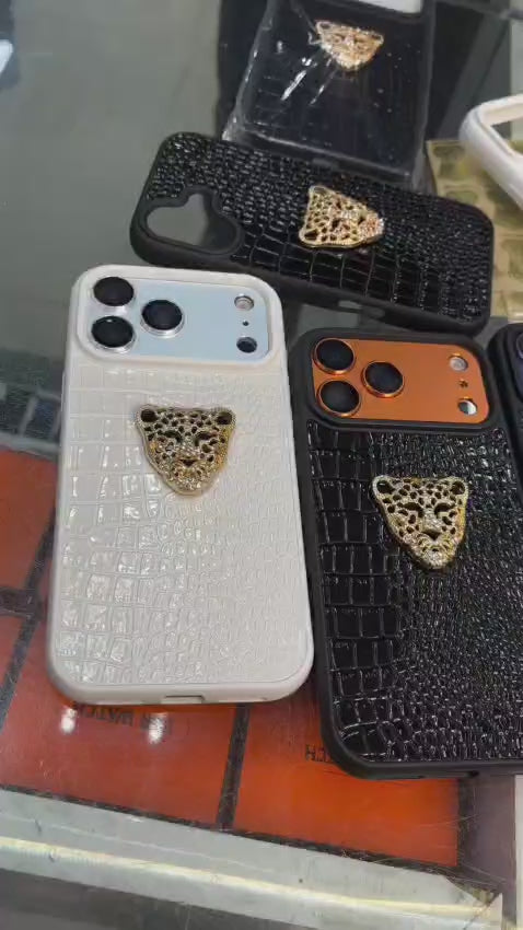 Luxury Croc Texture Case with Golden Leopard Emblem