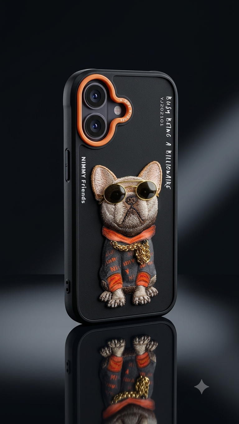 NIMMY Friends Embroidered Bulldog Luxury Case for iPhone – Premium 3D Designer Back Cover