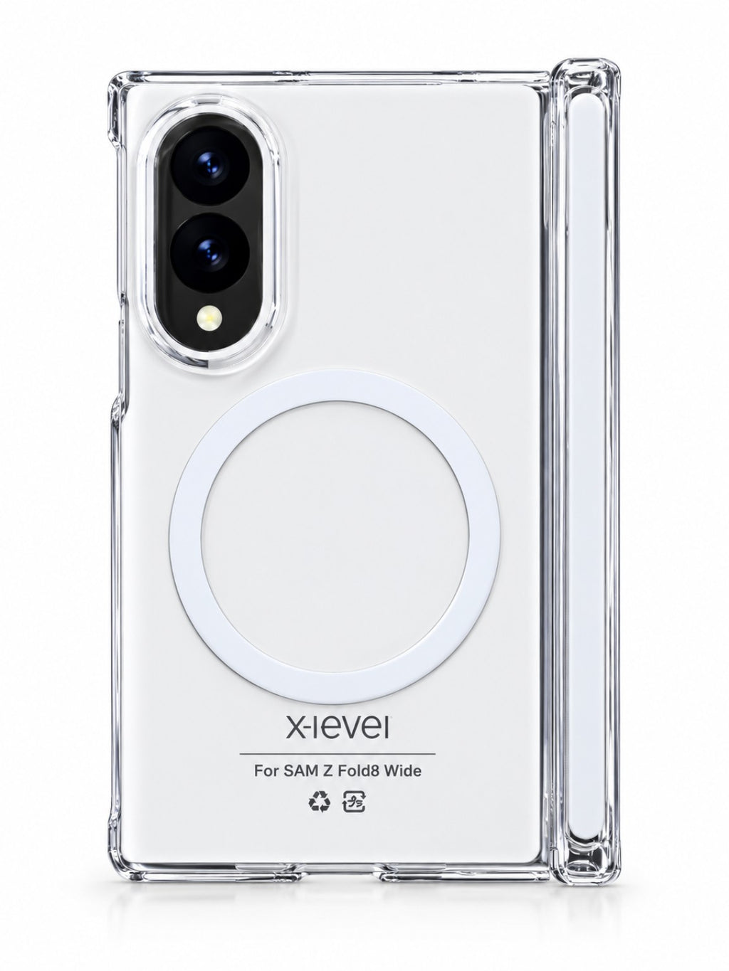 X-Level clear case back view with magnetic ring and hinge cover